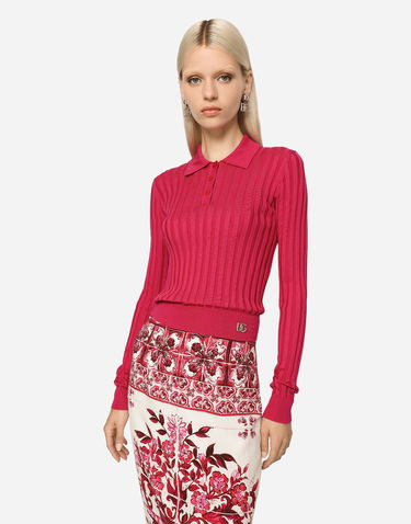 Polo tričko Dolce & Gabbana Cropped Polo Shirt In Ribbed Silk Ružová | FXL40TJBSE9F4079, 3