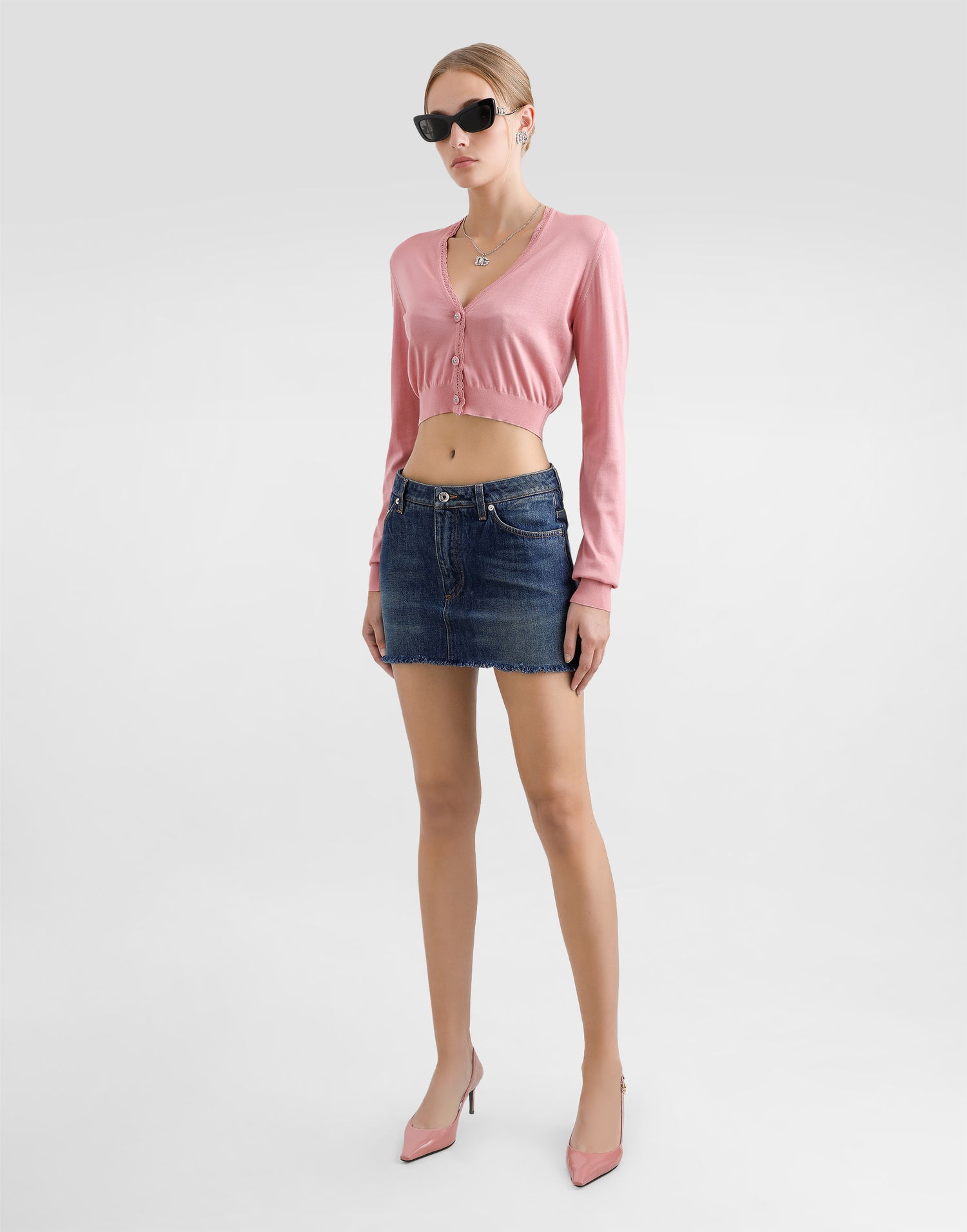 Sveter Dolce & Gabbana Lace-trim V-neck Cropped Silk Cardigan Ružová | FXV84TJBSLJF0473, 1