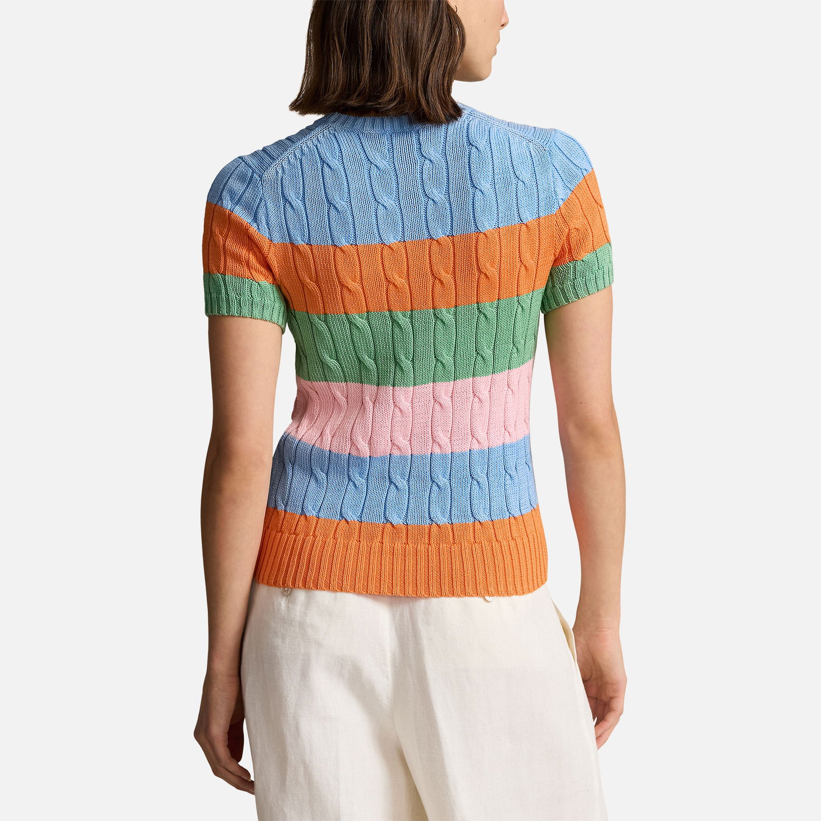 Striped Cable-Knit Short-Sleeve Jumper