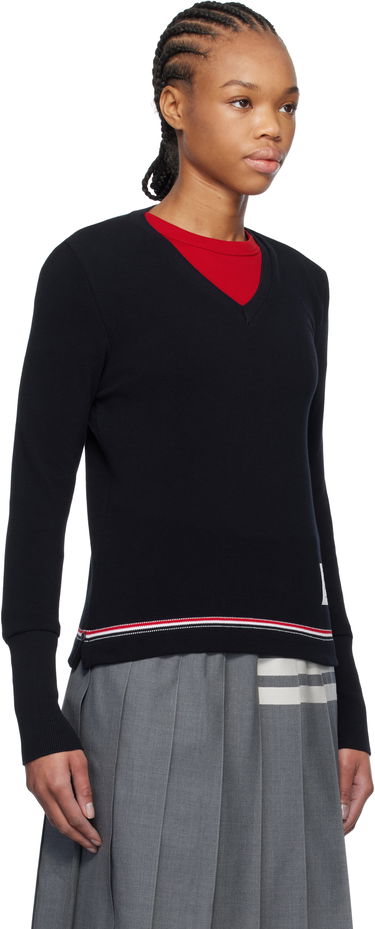 Sveter Thom Browne Thom Browne Cotton Pique V-Neck Sweater Navy | FJS194A-J0185, 1