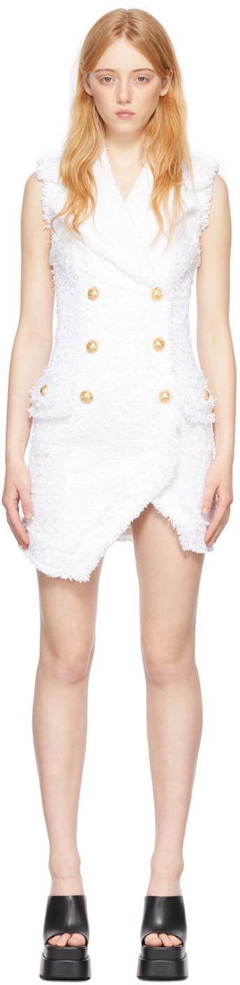 Šaty Balmain Balmain Asymmetric Tweed Short Dress Biela | XF1R5400CB76, 0