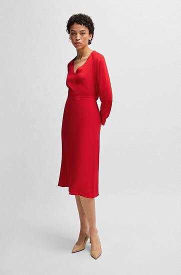 Šaty BOSS V-Neck A-Line Dress with Button Cuffs Červená | 50533966, 1