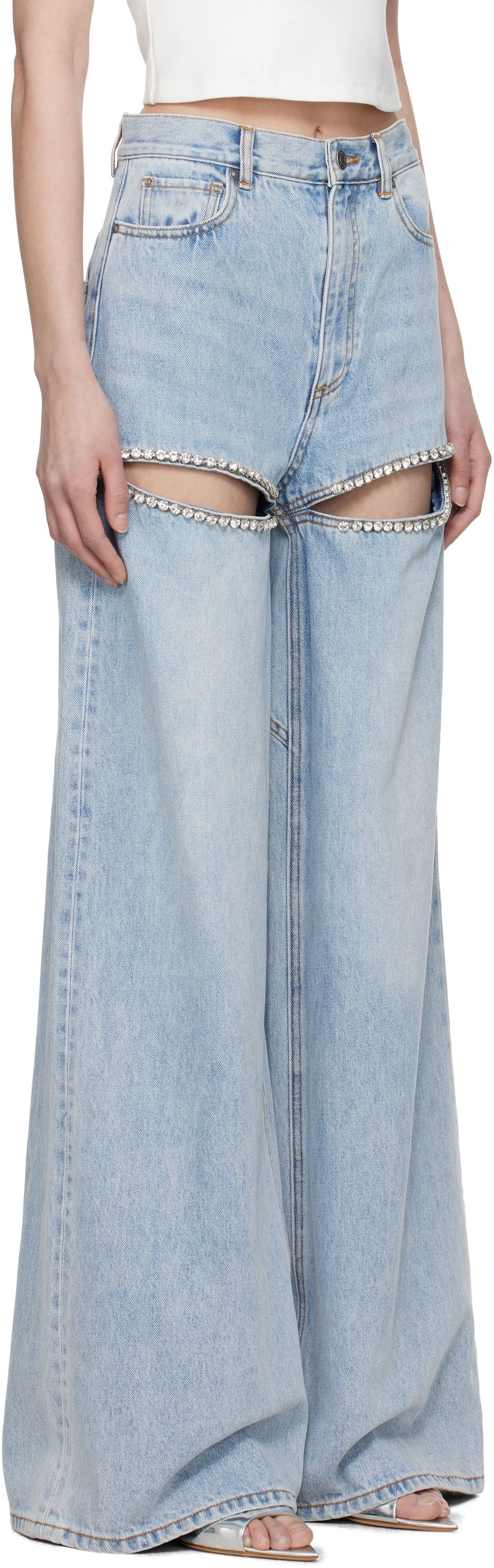 AREA Wide Leg Crystal Slit Jeans