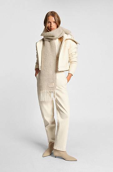 Šál BOSS Italian-made fringed scarf with wool and alpaca Béžová | 50551696, 1