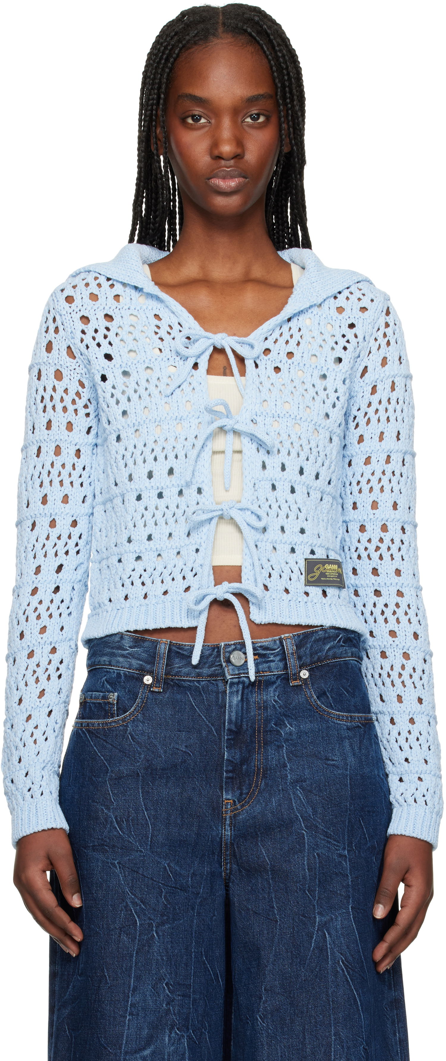 Sveter GANNI Ganni Tie String Knit Cardigan Modrá | K2429, 0