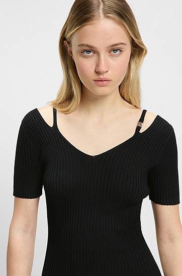 Šaty BOSS Ribbed-Knit Bodycon Midi Dress with Cutout Details Čierna | 50538239, 1