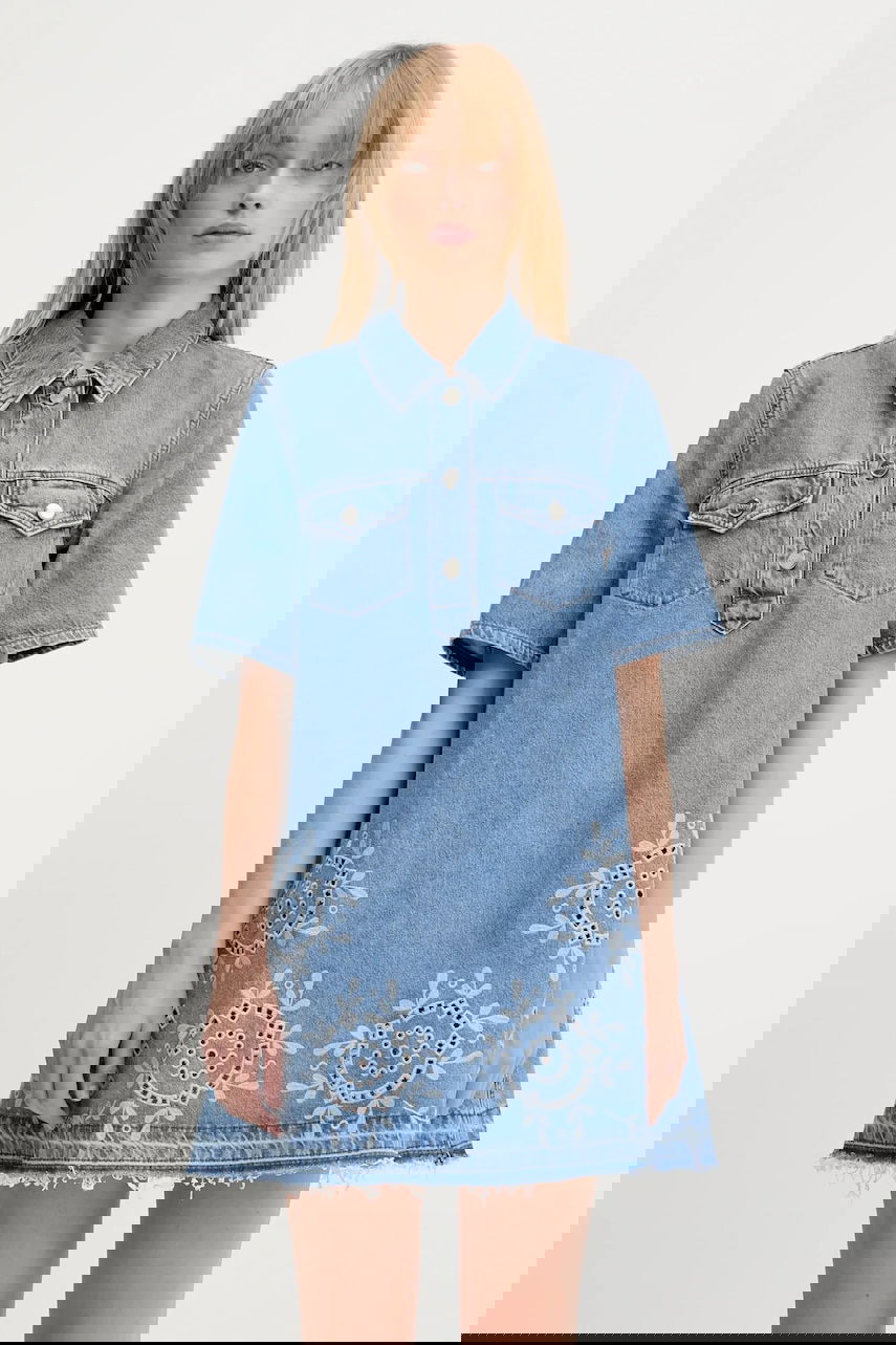 Šaty GANNI GANNI Broderie Anglaise Denim Mini Dress Modrá | J1694, 0