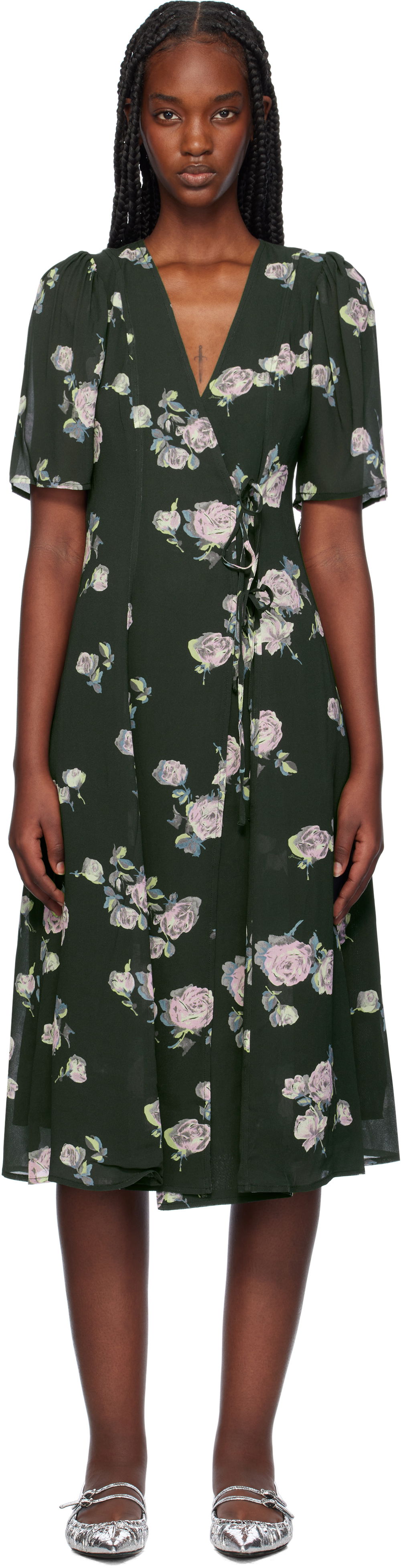 Šaty GANNI Floral Crepe Wrap Midi Dress Zelené | F9504, 0