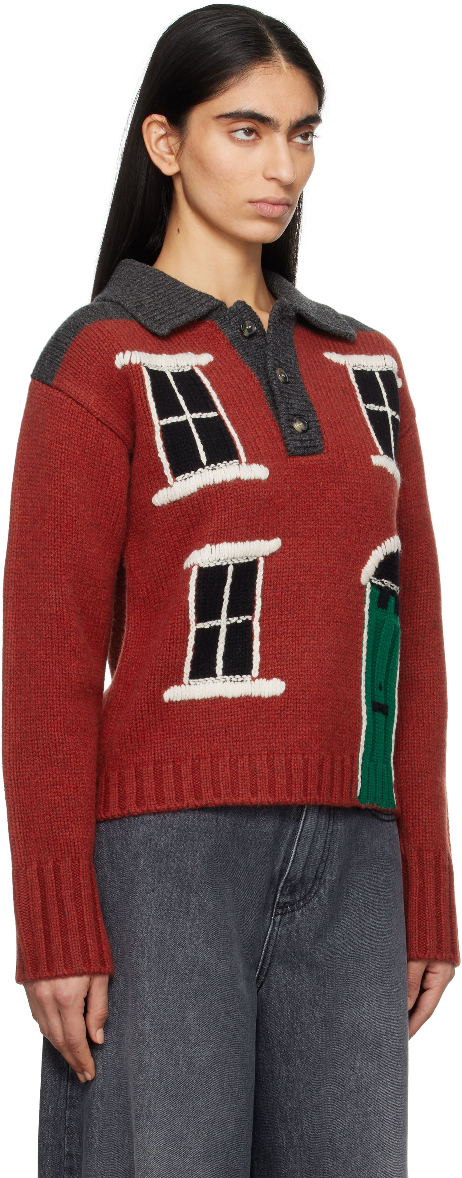 Sveter JW Anderson JW Anderson House Intarsia Polo Sweater Červená | KW1405-YN0413, 1