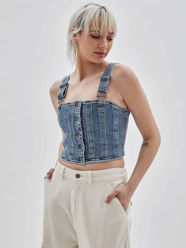 Crop Top GUESS Originals Front Buttons Denim Bustier Navy | W3YG25D4ON0, 0