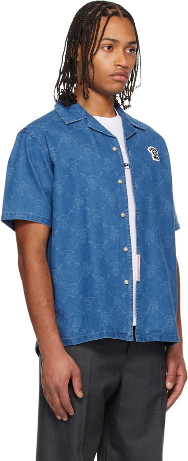 Košeľa AAPE by A Bathing Ape AAPENOW Moonface Monogram Short Sleeve Camp Collar Shirt Modrá | AAPSRM8526XXNBLX, 1