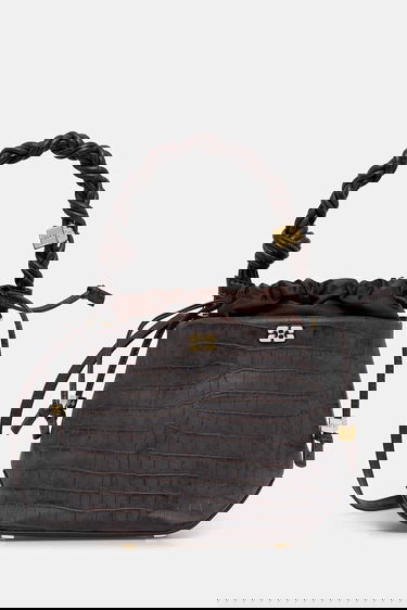 Kabelka GANNI Bou Braided Handle Crocodile-Embossed Drawstring Bucket Bag Hnedá | A6697, 0