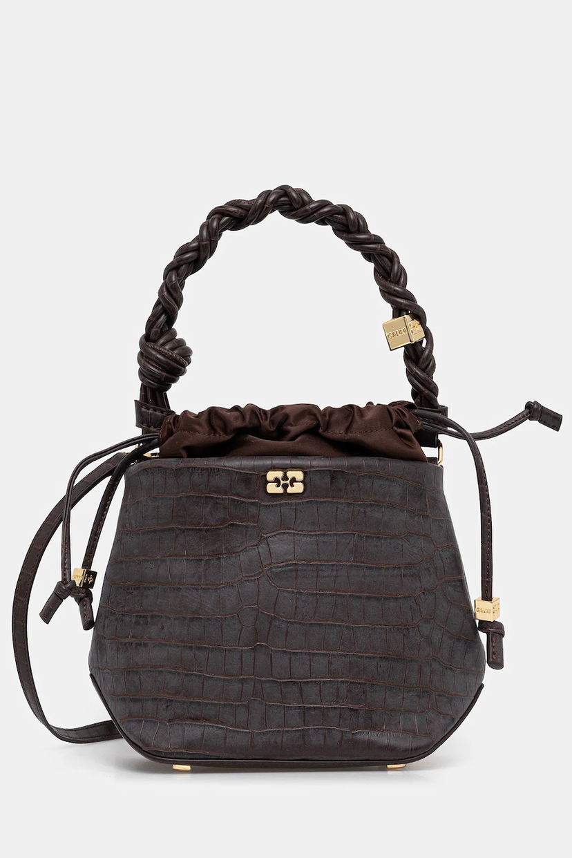 Kabelka GANNI Bou Braided Handle Crocodile-Embossed Drawstring Bucket Bag Hnedá | A6697