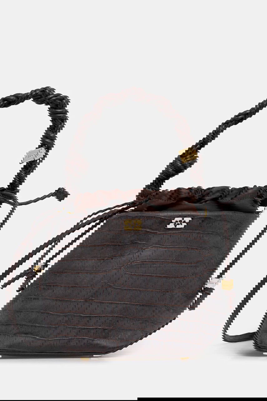 Kabelka GANNI Bou Braided Handle Crocodile-Embossed Drawstring Bucket Bag Hnedá | A6697, 0