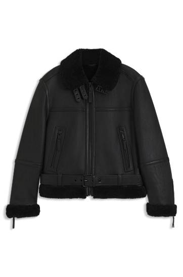 Bunda BOSS Aviator Leather Jacket with Shearling Trims and Belted Waist Čierna | 50546494