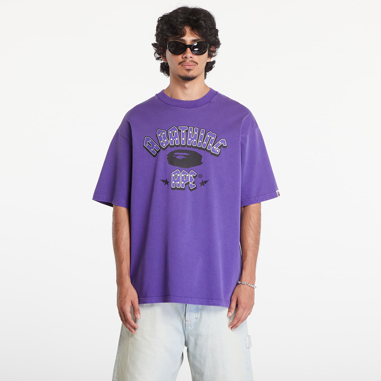 A BATHING APE Garment Dye Rhinestone Logo Relaxed Fit Short Sleeve Tee Purple