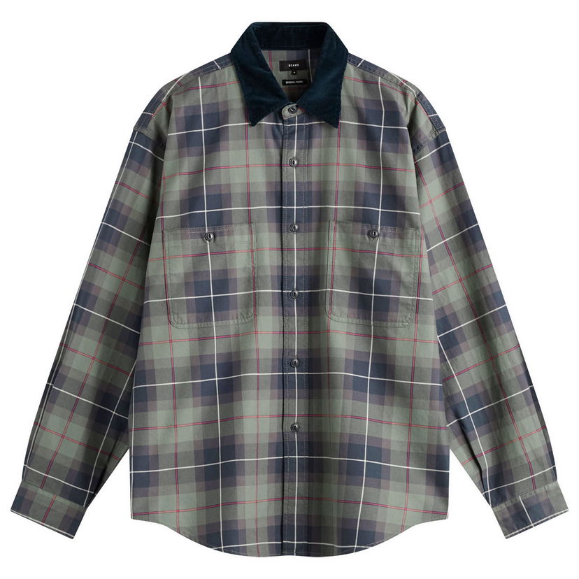 Košeľa BEAMS Corduroy Collar Check Work Shirt, Size Small Zelené | 1111-1242-803-67
