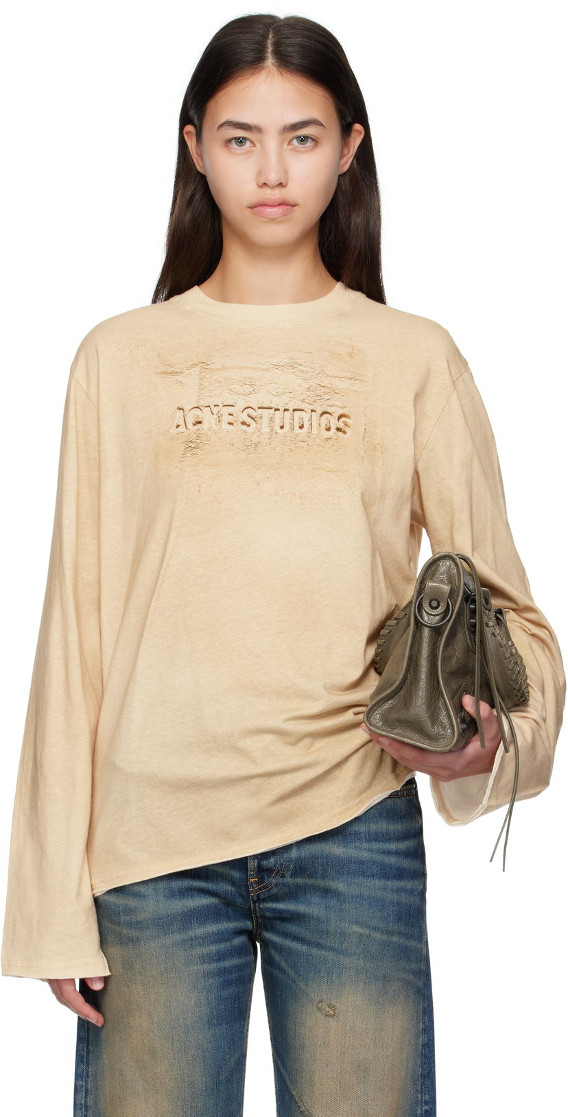 Tričko Acne Studios Acne Studios Long Sleeve Logo T-Shirt Béžová | CL0361-