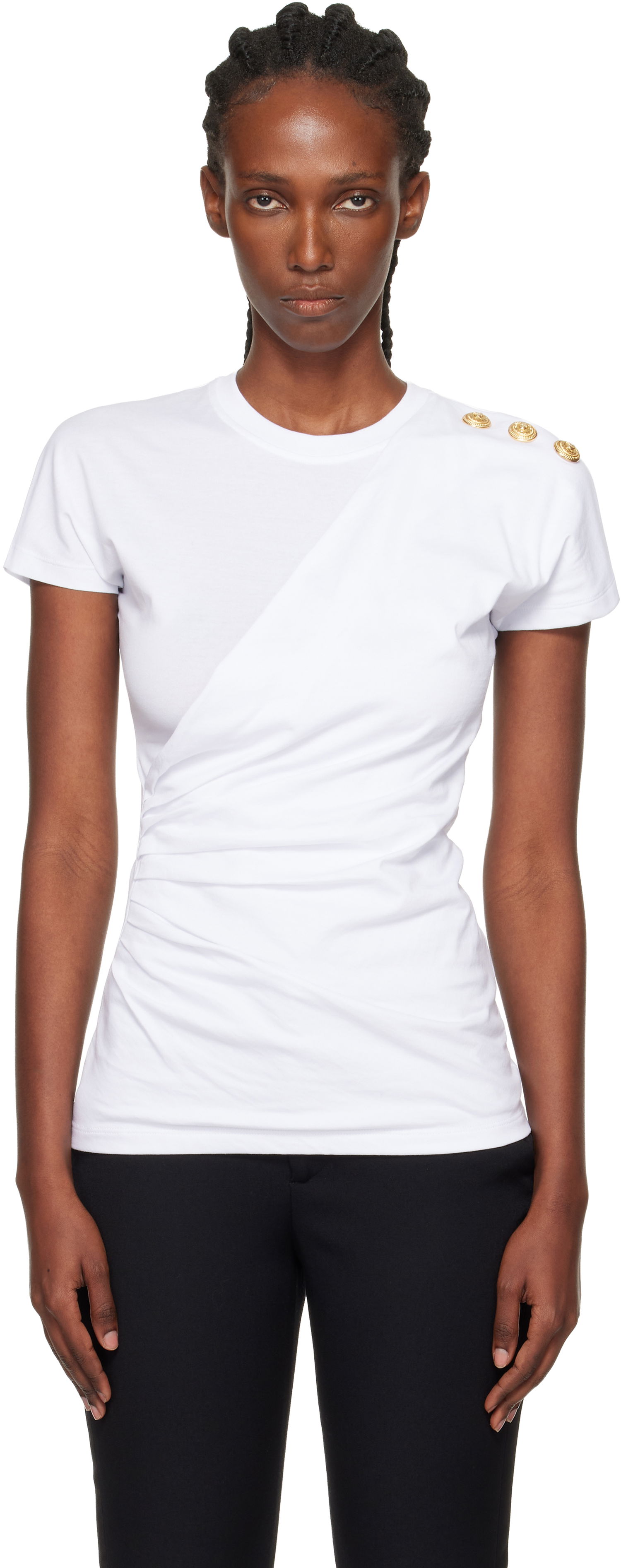 Tričko Balmain Balmain Short-Sleeved Draped Jersey T-shirt with Buttons Biela | FF0EF002GF23, 0
