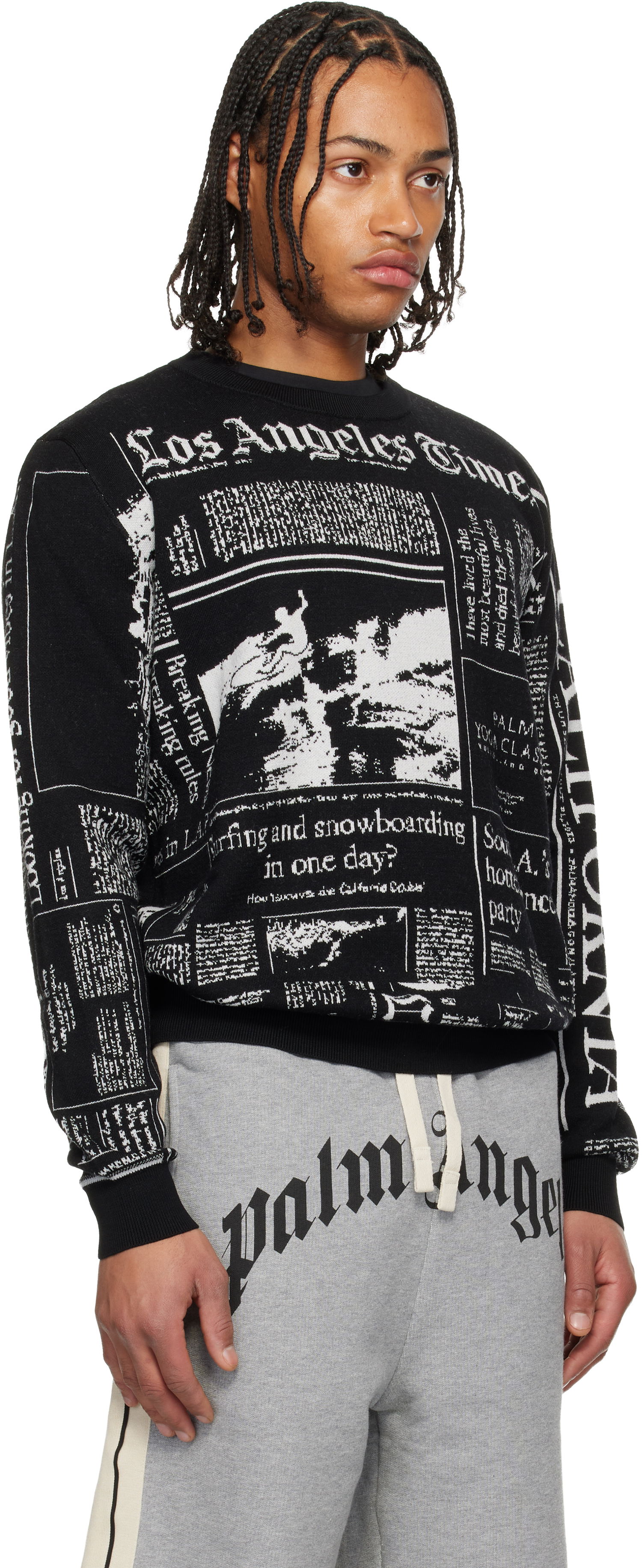 Sveter Palm Angels LA Times Edition Newspaper Print Sweater Čierna | PMHE058F25KNI0011005, 1