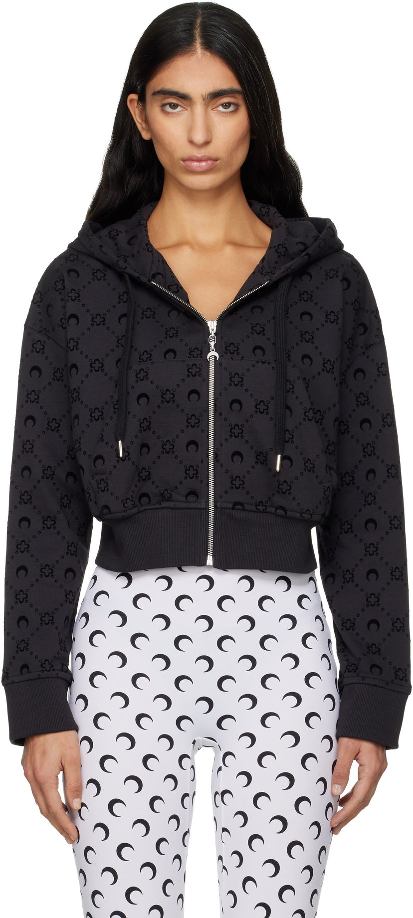 Mikina Marine Serre Marine Serre Moonogram Flocked Fleece Cropped Zipped Hoodie Čierna | WST019ACJER0089