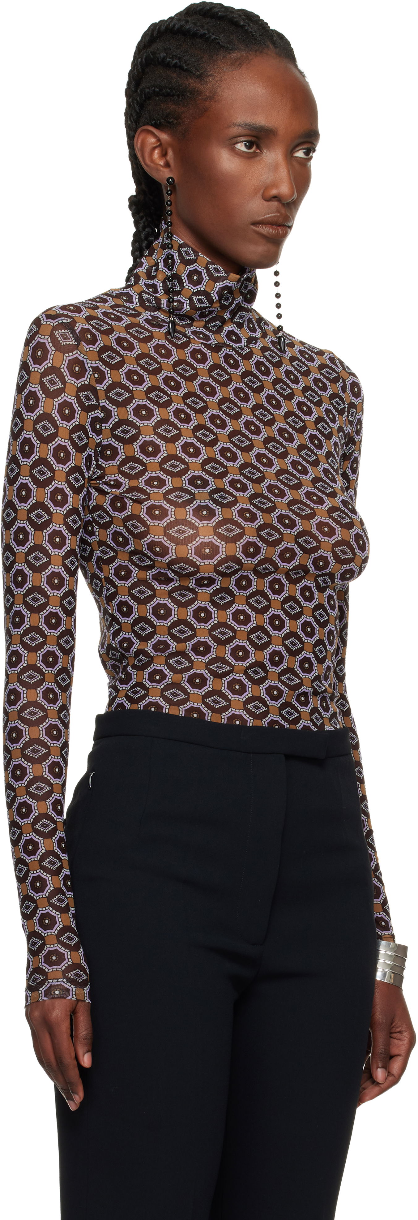 Tričká a tielka Dries Van Noten Dries Van Noten Transparent Mesh Long-Sleeve Turtleneck with Geometric Print Rôznofarebný | 252-011121-2623, 1