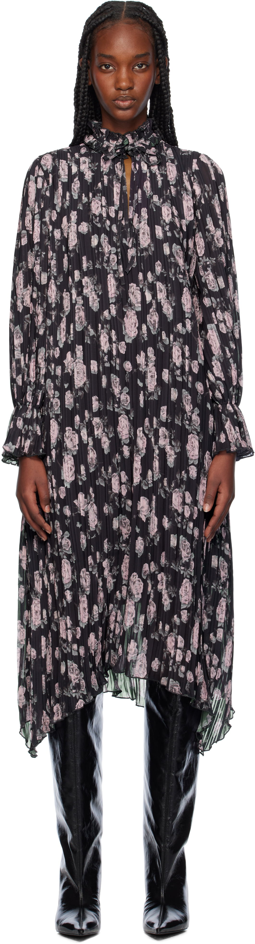 Šaty GANNI Floral Print Pleated Midi Dress Čierna | F9551, 0
