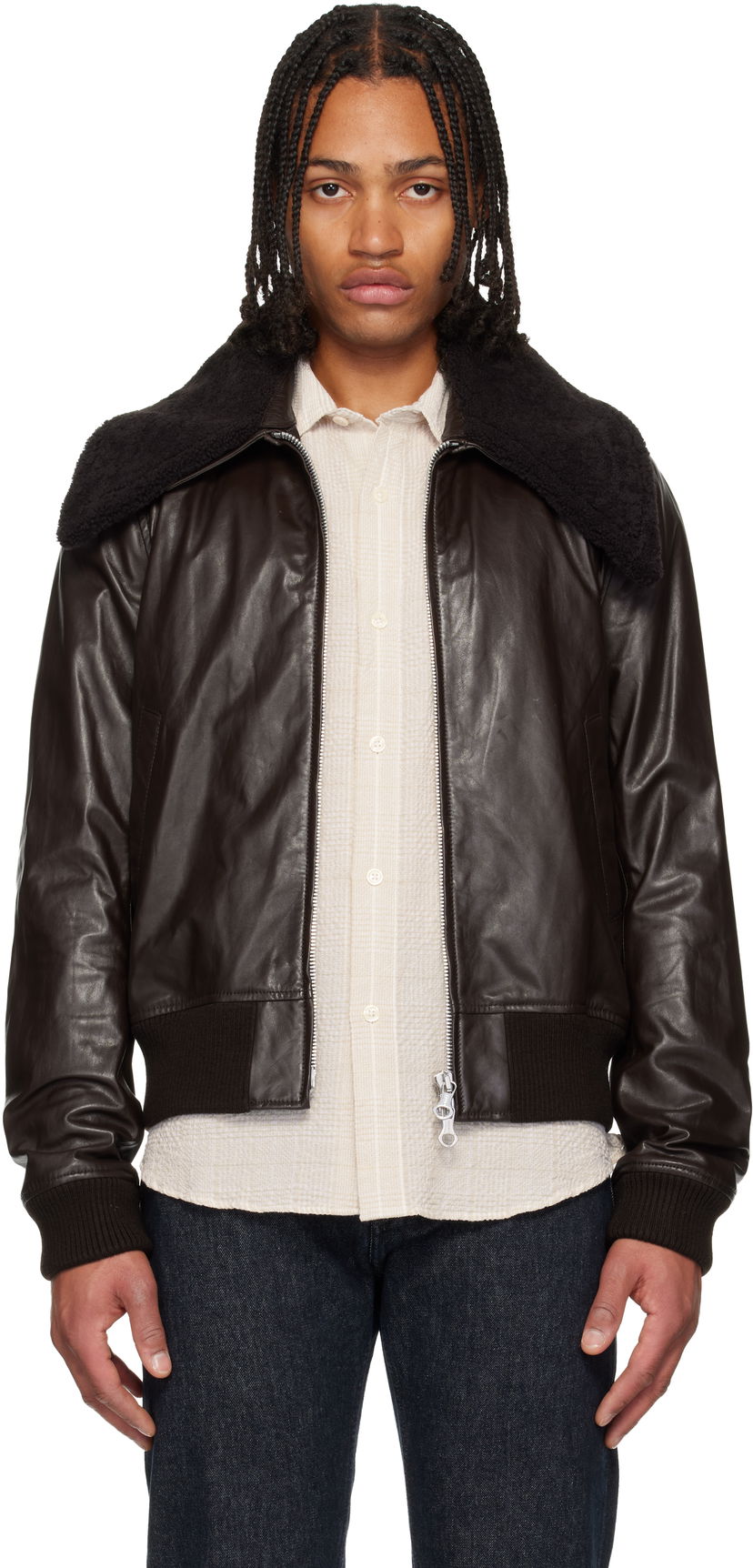 Bomber bunda OUR LEGACY Pharos Shearling Collar Leather Bomber Jacket Hnedá | M4259PU