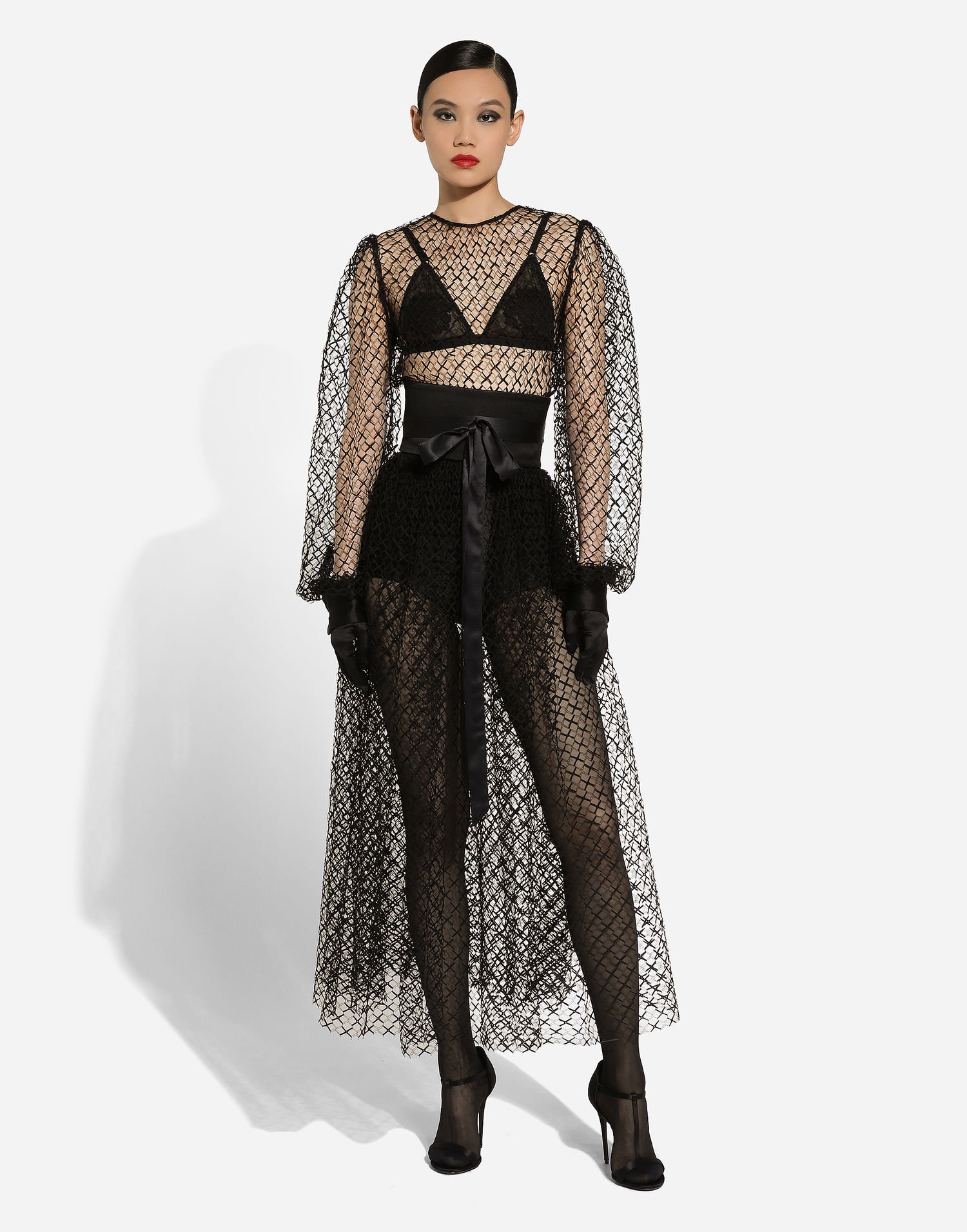 Šaty Dolce & Gabbana Dolce & Gabbana Calf-Length Mesh Dress with Belt Čierna | F6JOITILMBEN0000, 1