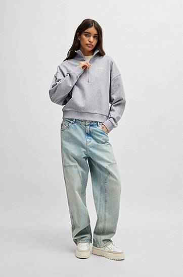 Mikina BOSS Cotton Terry Zip-Neck Sweatshirt Šedá | 50531192, 1