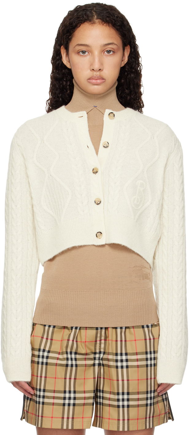 Sveter Burberry Burberry Cropped Aran Wool Blend Cardigan Biela | 8097967, 0