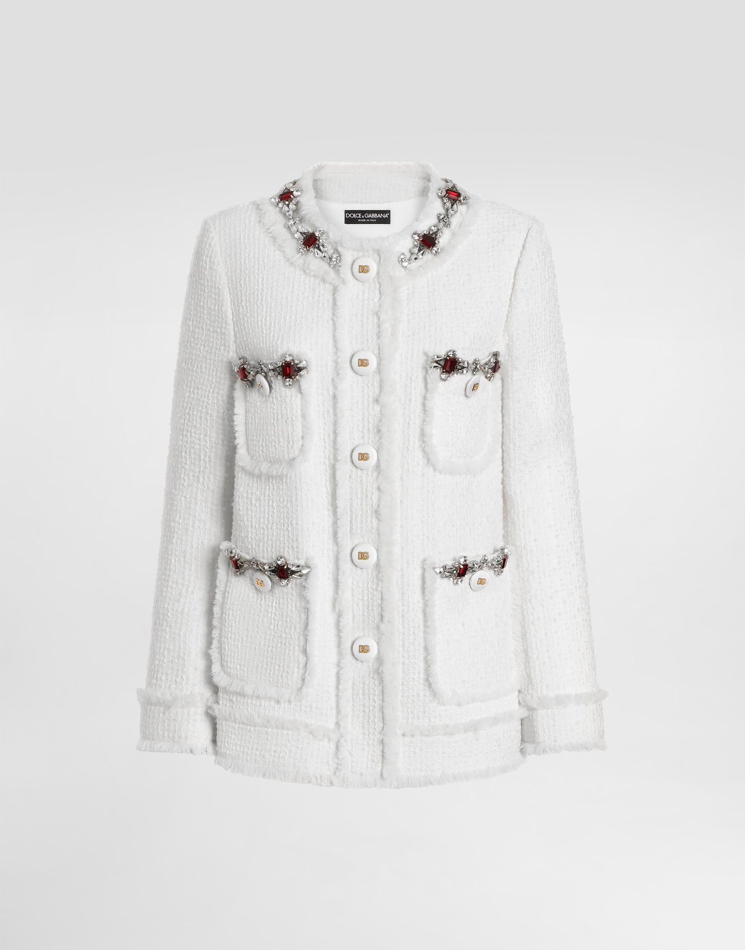 Bunda Dolce & Gabbana Dolce & Gabbana Single-breasted Tweed Jacket With Jewel Embroidery Biela | F29TPZGDCAWW3789, 0