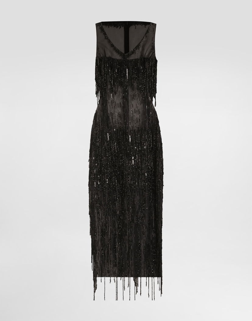 Šaty Dolce & Gabbana Dolce & Gabbana Sleeveless Calf-Length Marquisette Dress with Sequined Fringing Čierna | F6TPBZGDC1DN0000