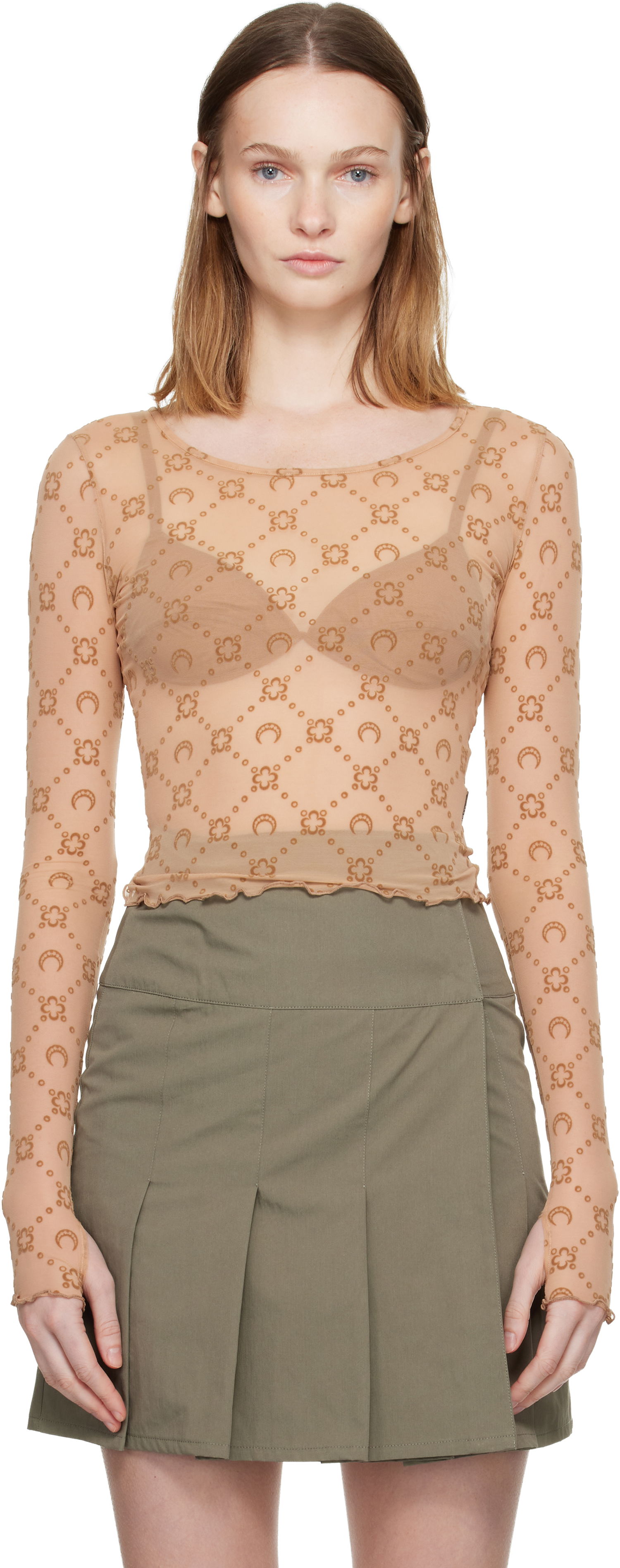 Crop Top Marine Serre Moonogram Mesh Flock Long Sleeve Cropped Top Béžová | WTS012S CJER0005, 0