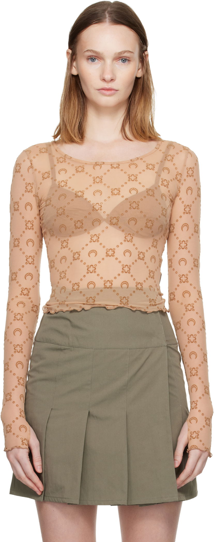 Crop Top Marine Serre Moonogram Mesh Flock Long Sleeve Cropped Top Béžová | WTS012S CJER0005