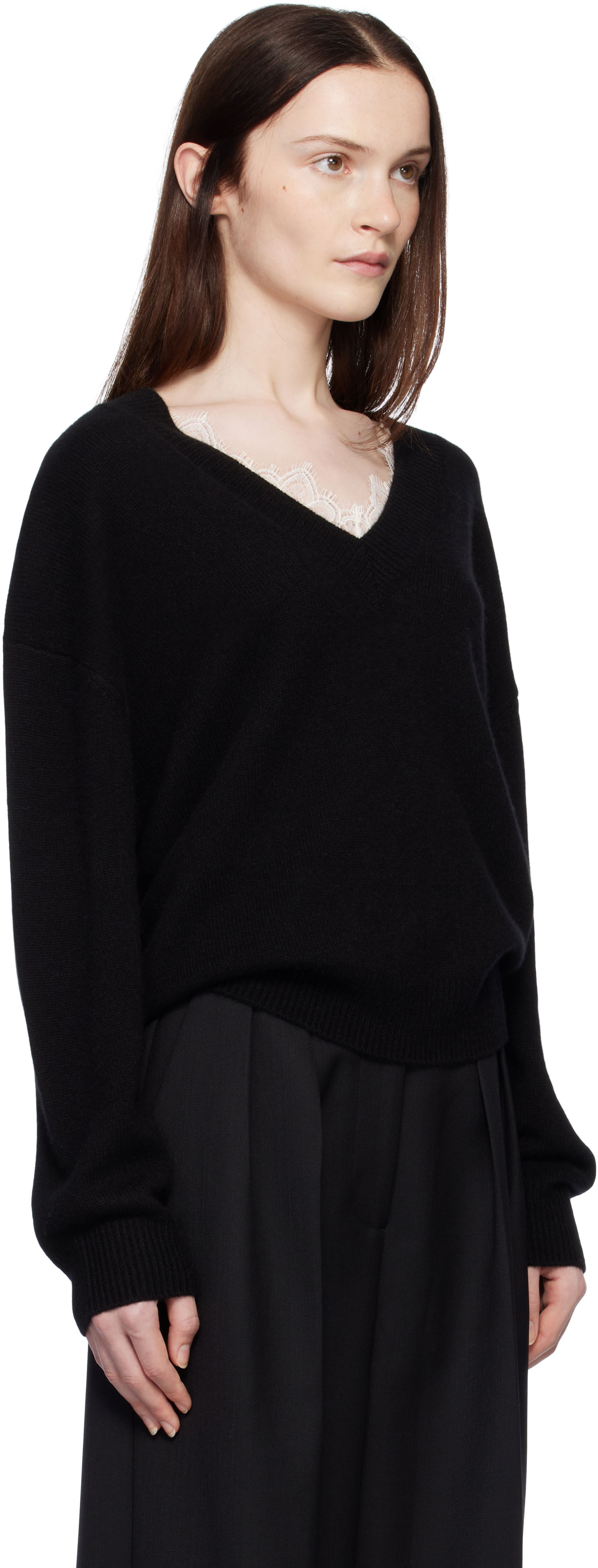 Sveter Anine Bing Lee Lace Trim V-Neck Sweater Čierna | A-09-3280-000, 1