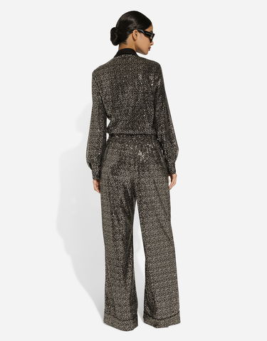 Nohavice Dolce & Gabbana Sequined Wide Leg Pajama Pants Čierna | FTAMPTFLSFGS8450, 2