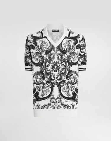 Polo tričko Dolce & Gabbana Dolce & Gabbana Majolica Print Silk Piqué Polo Shirt Biela | GXZ11TJAHLDHX5DQ, 0