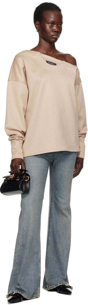 Sveter Balmain Balmain Asymmetrical Jersey Off-The-Shoulder Sweatshirt Béžová | EF1HU301JJ69, 3