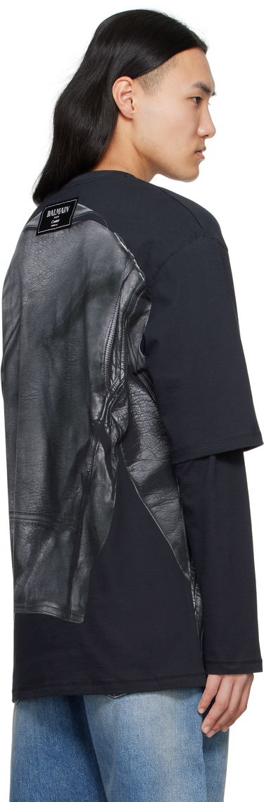 Tričko Balmain Balmain Long Sleeve Biker Jacket Graphic T-Shirt Čierna | EH1EM016GE40, 2