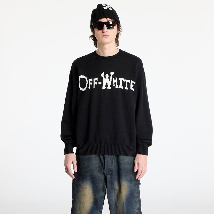 Sveter Off-White Black Knit Crewneck Sweater with Quote Print Čierna | OMHE20AS25KNI001100B
