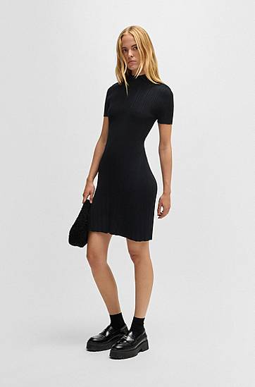 Šaty BOSS Slim-Fit Irregular-Rib Crepe Dress Čierna | 50514293, 1