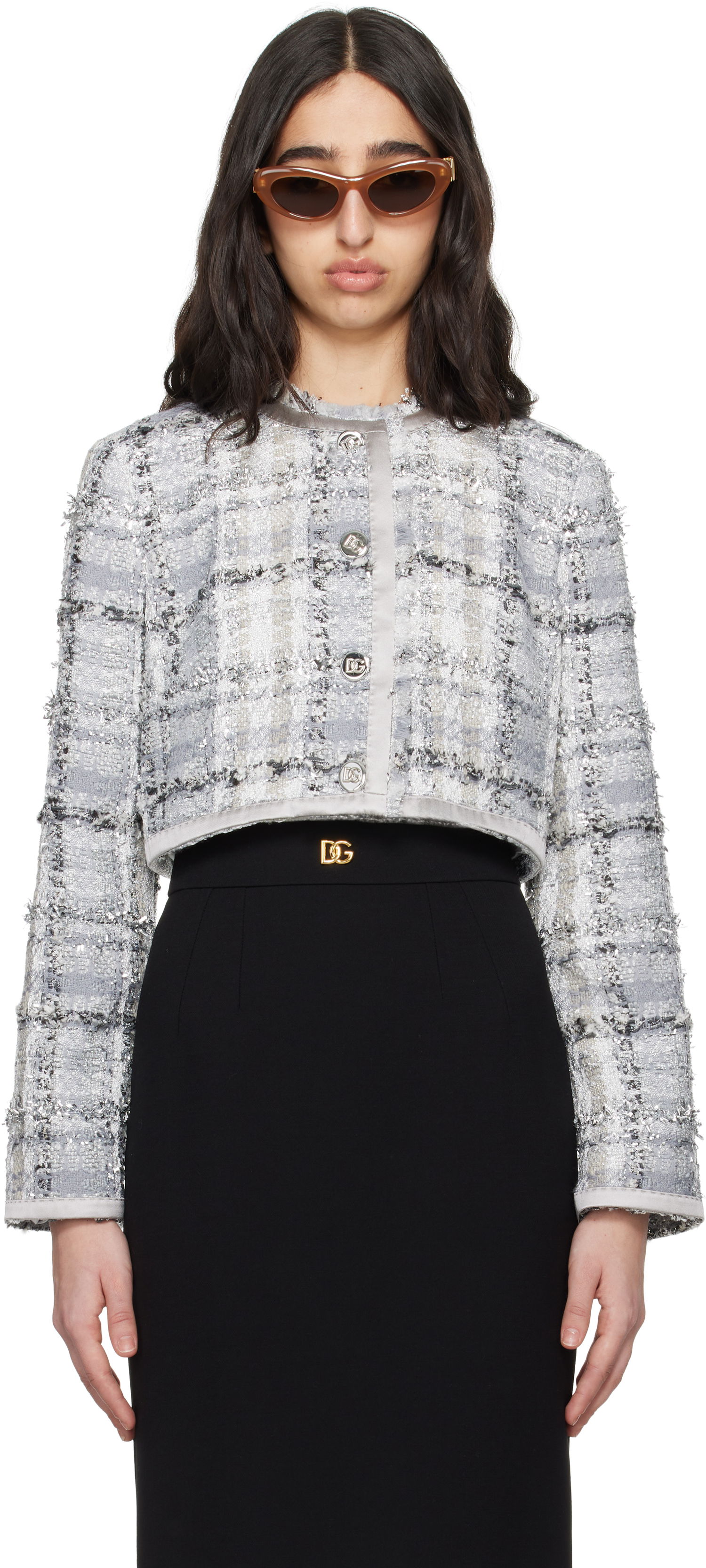 Bunda Dolce & Gabbana Dolce&Gabbana Short Check Lurex Raschel Tweed Jacket Šedá | F27DQT FQZAE, 0