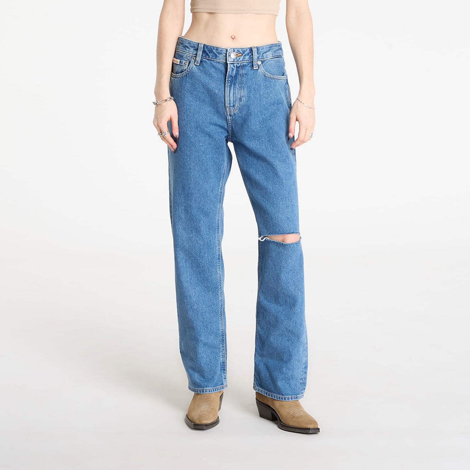 Džínsy CALVIN KLEIN 90S Straight Short Jeans with Ripped Knee Modrá | LV047E609G VLC Short, 0