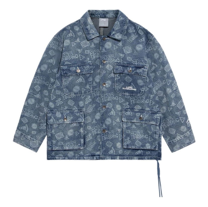 Bunda Li-Ning Skateboard Series Full Print Washed Denim Jacket Modrá | AJDS047-1