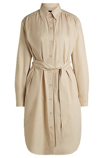 Šaty BOSS Cotton Poplin Belted Shirt Dress Béžová | 50540368
