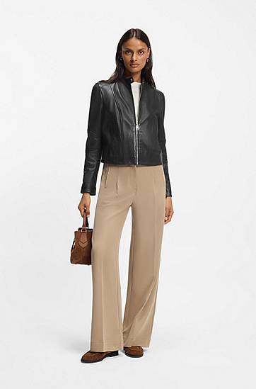 Bunda BOSS Leather jacket with stand collar Čierna | 50545625, 1