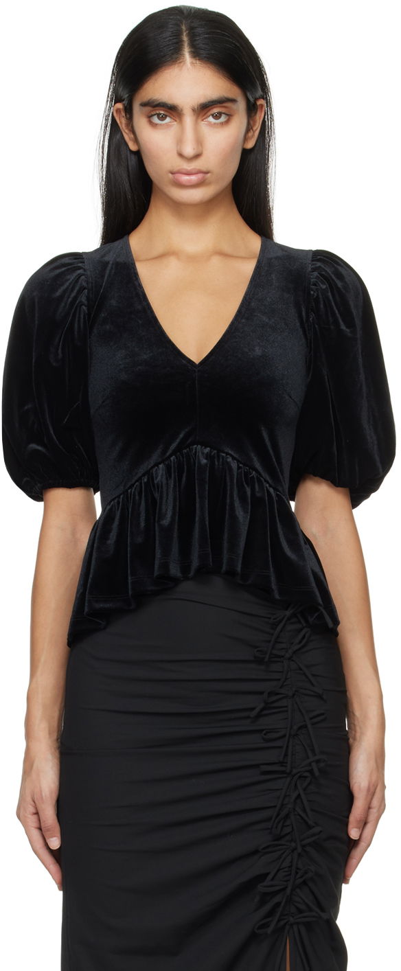 Košeľa GANNI Velvet V-Neck Peplum Top Čierna | T3835, 0
