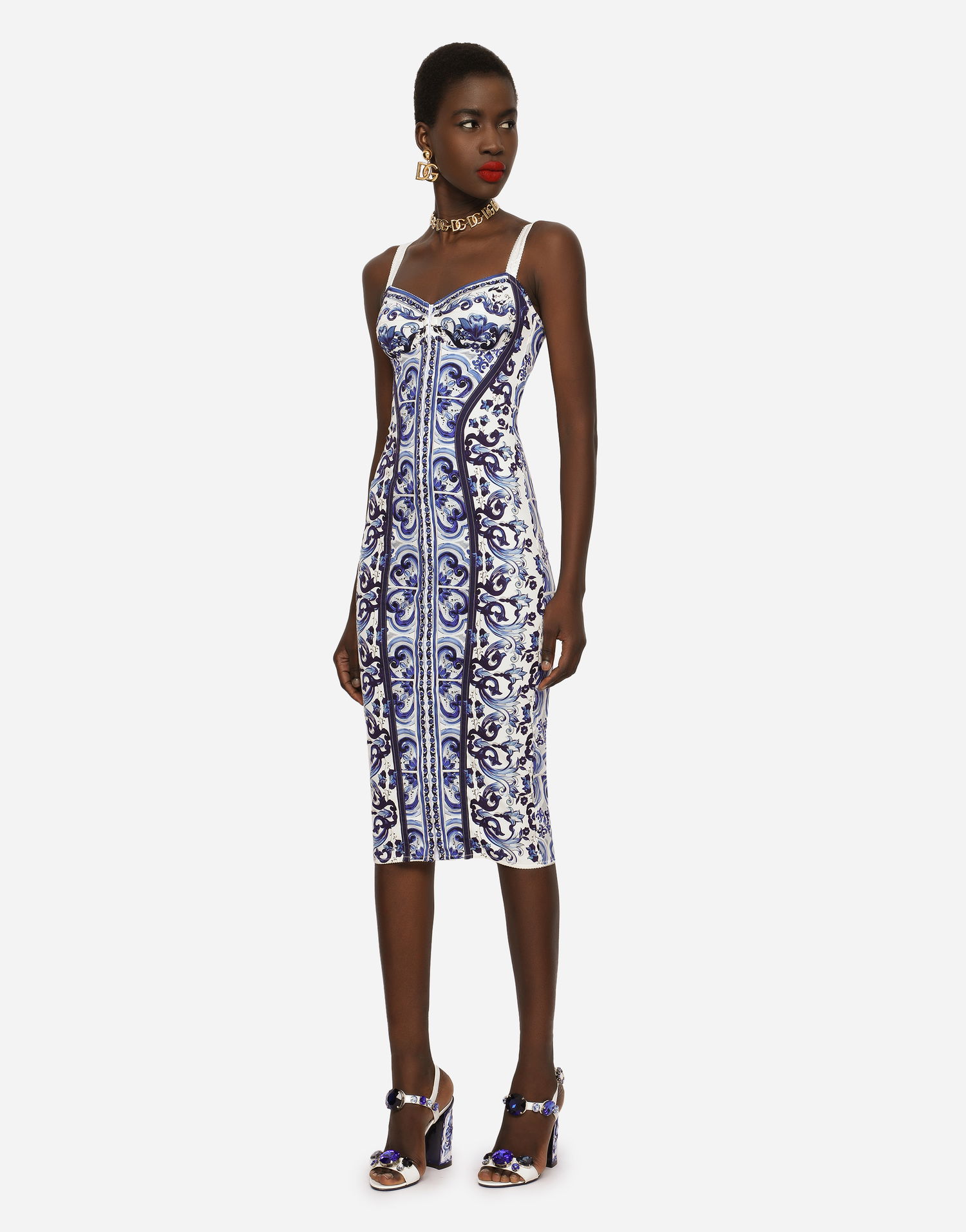 Šaty Dolce & Gabbana Dolce & Gabbana Majolica Print Charmeuse Bustier Midi Dress Modrá | F6R3OTHPABOHA3TN, 1