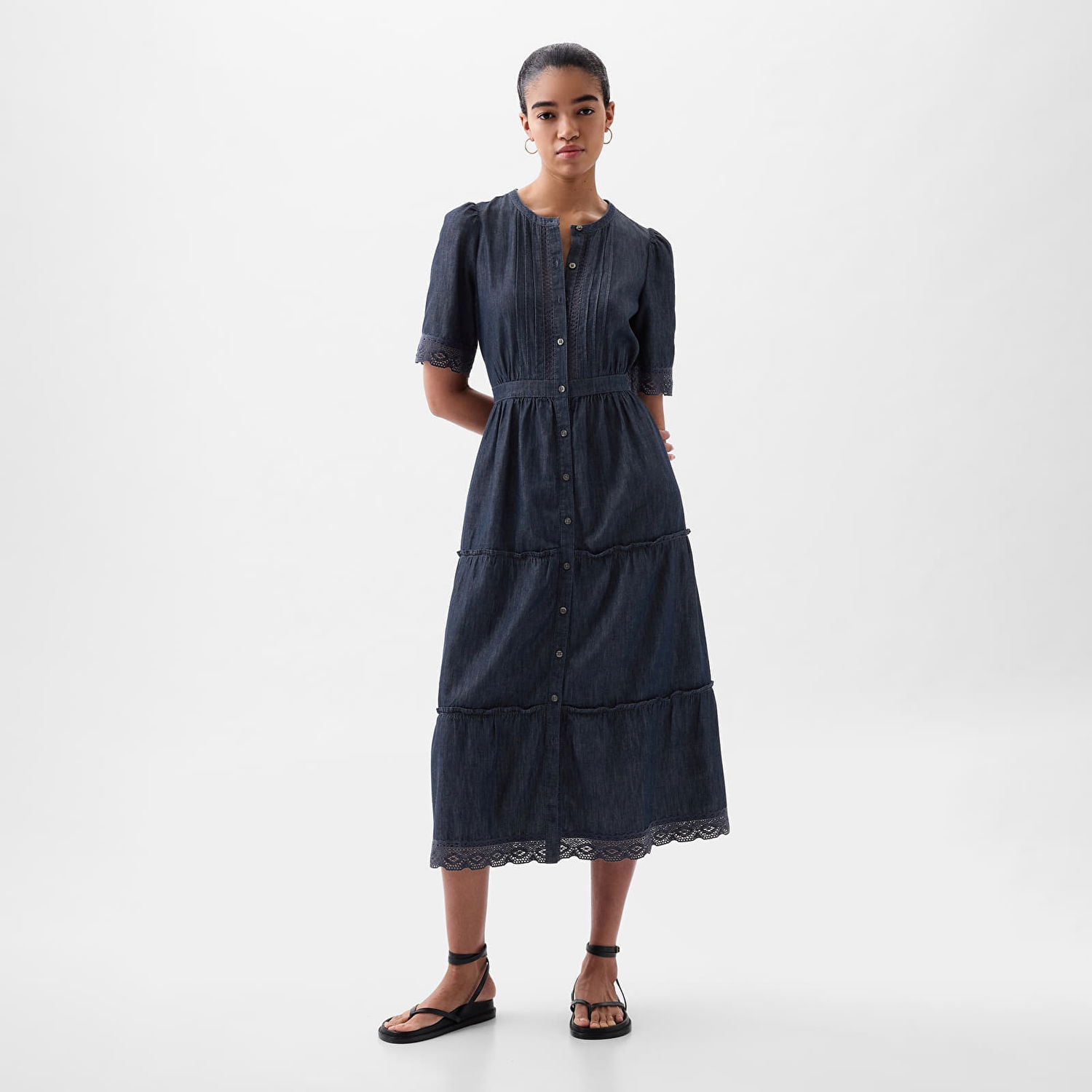 Šaty GAP Dresses Shortsleeve Lace Midi Dress Dark Wash Čierna | 873499-00, 0